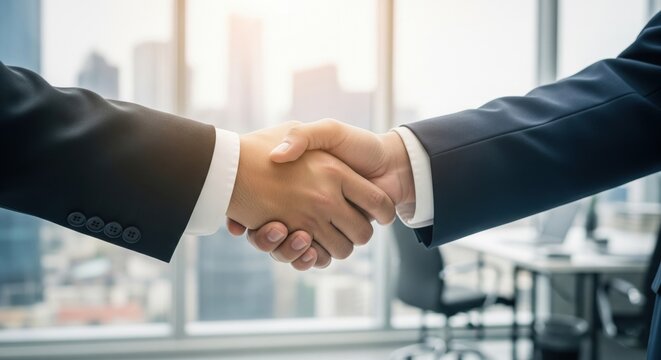 Successful business agreement contract dealing businessman handshake close up, hand palm with blur city building and office working space background - Powered by Adobe