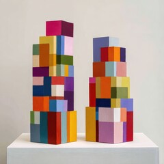 Two abstract, colorful, geometric towers