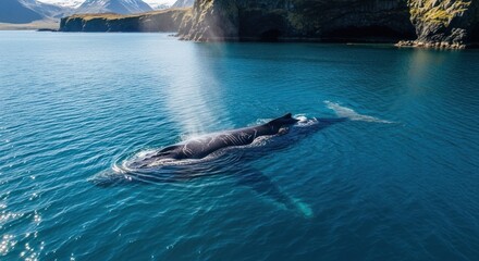 Humpback whale surfacing in clear, blue ocean water, surrounded by rocky coastlines