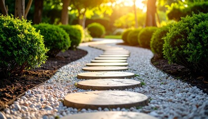 Obraz premium A scenic stone pathway winds through a lush summer garden, leading the way past vibrant trees and green grass