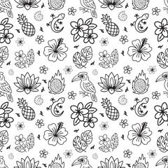 Seamless vector pattern in tropical style. Palm trees, coconuts, surfing, flowers, animals.