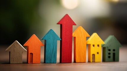 Colorful wooden houses arranged in a row, with an upward-pointing arrow symbolizing growth and progress.