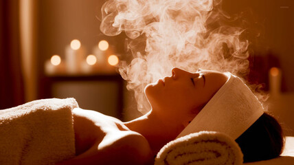 A serene woman with her eyes closed, receiving a rejuvenating facial steam treatment in a peaceful and relaxing spa environment