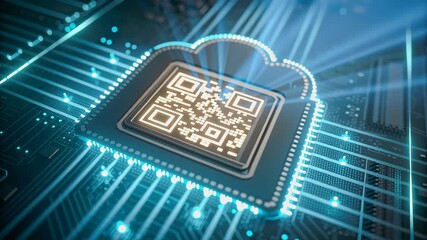 Glowing QR Code Embedded in Cloud Shaped Circuit Board Symbolizes Data Sovereignty in Cloud Computing Technology - Powered by Adobe