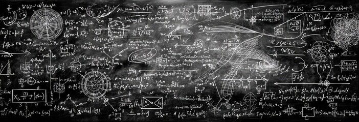 Chalkboard filled with complex mathematical equations and diagrams