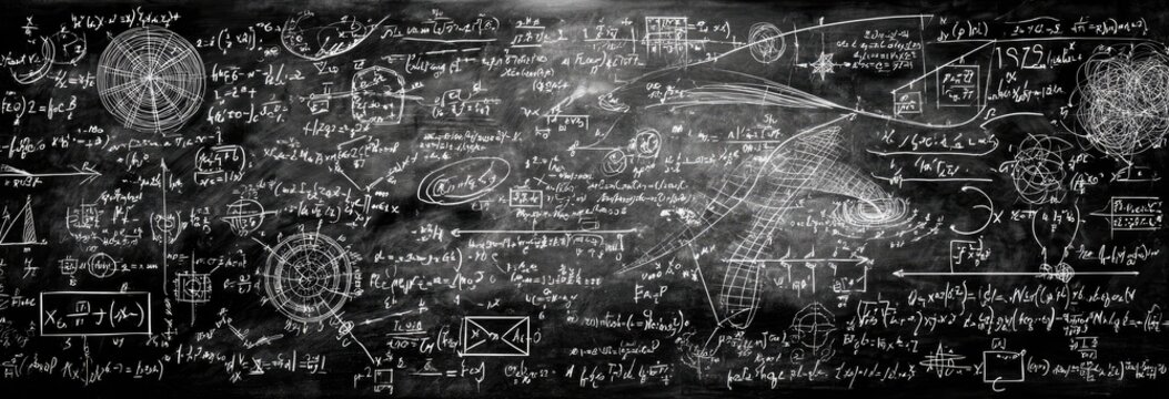 Chalkboard filled with complex mathematical equations and diagrams - Powered by Adobe