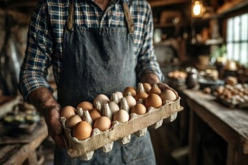 Senior farmer proudly showcasing a carton of fresh, organic eggs in the rustic ambiance of his barn, embodying the essence of farm fresh goodness and traditional agriculture