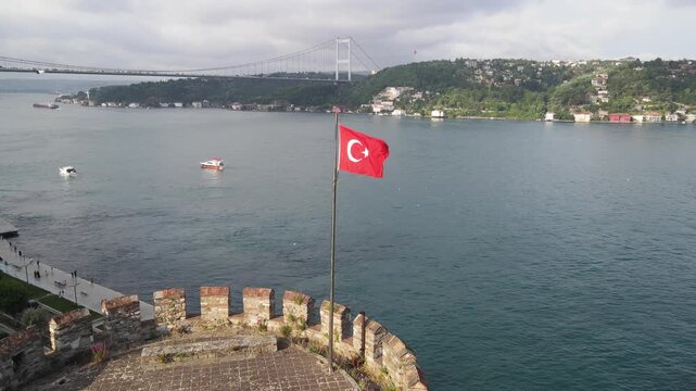 Turkish Flag in the Fatih Sultan Mehmet Bridge Drone Video, Otagtepe Kavacik, Beykoz Istanbul, Turkiye (Turkey)
