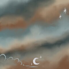 Dreamy night sky digital painting with soft brown-blue clouds, crescent moon, and sparkling stars. Minimalist celestial art perfect for backgrounds, wallpapers, posters, and design projects. © niceheart