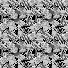 Cartoon vector doodles on the subject of Birthday seamless pattern features a variety of birthday objects and symbols.