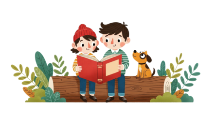 Whimsical illustration of kids reading a book with their cute dog sitting on a log in the forest