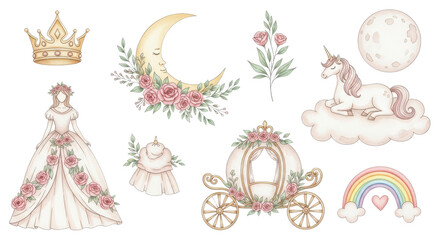 Fantasy princess elements for magical designs including crown, moon, unicorn, and floral carriage