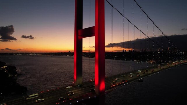 Fatih Sultan Mehmet Bridge in the Night Lights Drone Video, Kavacik Beykoz, Istanbul T&uuml;rkiye (Turkey)