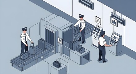 Isometric Airport Security Checkpoint with Officers and Baggage Scanning.