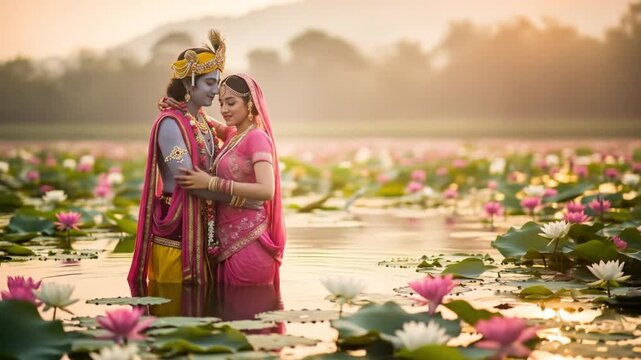 Radha and krishna embrace at sunrise in lotus pond divine love krishna janmashtami hindu god spiritual harmony indian culture and tradition