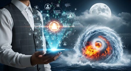 Man controls digital network over raging hurricane, symbolizing data management during crisis.