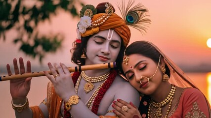 Radha and krishna embrace at sunrise indian divine love hindu gods depicted in serene artwork janmashtami govardhan puja celebration