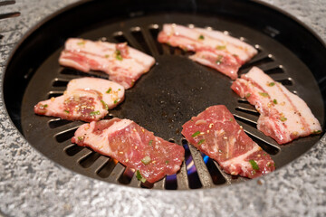Pork belly meat for grilling in BBQ restaurant.