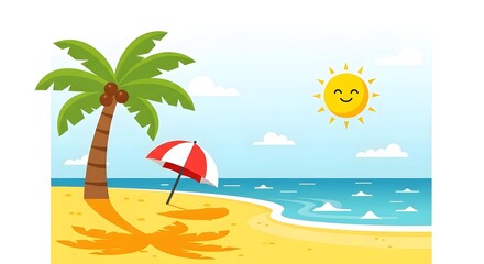Cartoon Beach Scene with Palm Tree, Umbrella, and Smiling Sun.