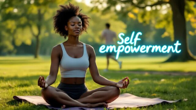 A diverse woman practices mindful meditation in a serene park landscape, promoting self empowerment