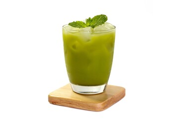 Ice matcha green tea serving on wooden plates in concept white background.