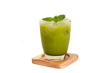 Ice matcha soda with mint topping put on white background,isolate style.