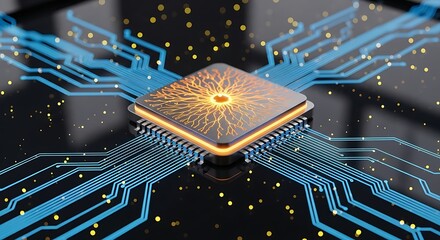 Modern microchip processor with intricate glowing circuitry represents cutting edge technology solutions