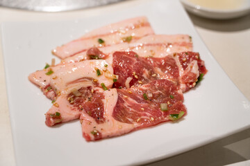 Pork belly meat for grilling in BBQ restaurant.