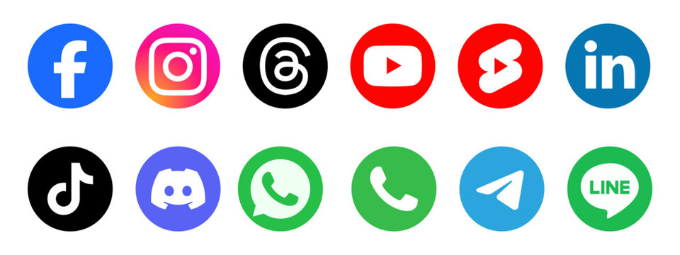 New popular social media icons set with official brand colors, featuring Facebook, Instagram, Threads, YouTube, Shorts, TikTok, Discord, WhatsApp, Telegram, and Line.