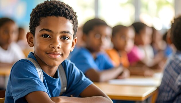 Ni&ntilde;o afrodescendiente en clase de primaria con compa&ntilde;eros al fondo