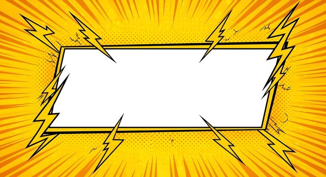 Comic Book Style Blank Rectangle Frame with Lightning Bolts.
