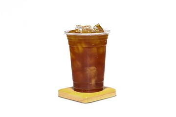 Ice Americano coffee put on wooden plates with isolate and white background.