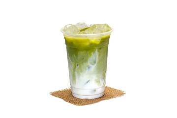 Serving ice matcha green tea on sack, isolate and white background.