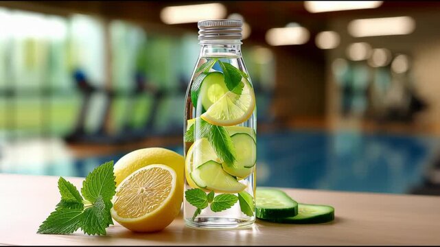 Preparaci&oacute;n de una refrescante bebida de agua con lim&oacute;n y pepino, ideal para mantenerse hidratado y saludable despu&eacute;s de hacer ejercicio en el gimnasio.