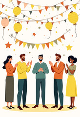 Happy Farewell card illustration &ndash; diverse coworkers waving goodbye and celebrating colleague&rsquo;s last day with balloons and confetti, flat vector style for office farewell and goodbye events	