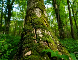 Obraz premium Lush mossy tree trunk in a forest