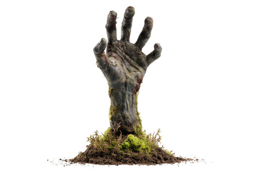 A Halloween zombie hand coming out of the ground, isolated on a transparent background.