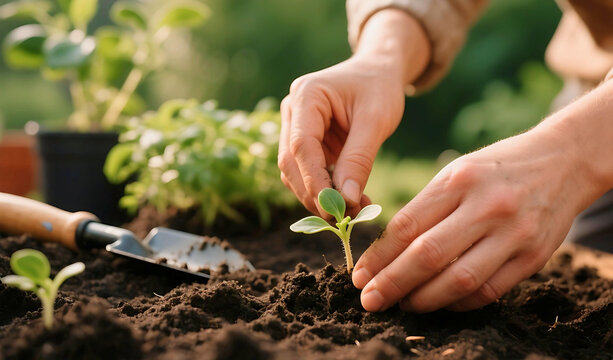 High-detail macro shot of hands planting seedlings in dark rich soil, gardening tools and green plants in background, soft natural daylight.