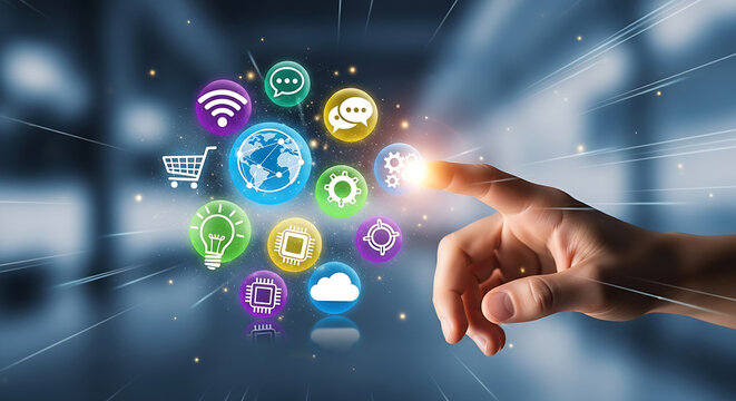 An outstretched hand interacts with floating, glowing icons representing technology, communication, shopping, and various modern innovations.