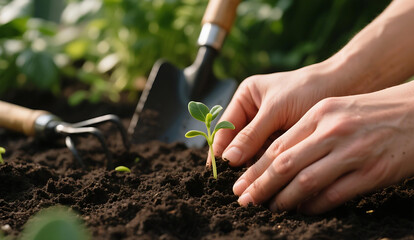 High-detail macro shot of hands planting seedlings in dark rich soil, gardening tools and green plants in background, soft natural daylight.