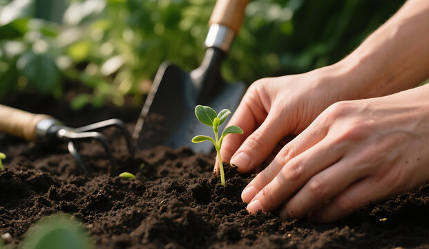 High-detail macro shot of hands planting seedlings in dark rich soil, gardening tools and green plants in background, soft natural daylight.