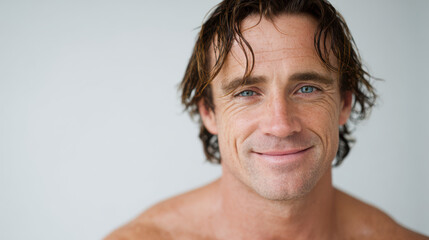 Obraz premium man with wet hair smiling brightly after workout showcasing his lively and positive demeanor