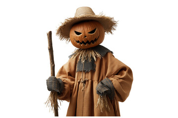Obraz premium A Halloween scarecrow with evil pumpkin head, isolated on a transparent background.