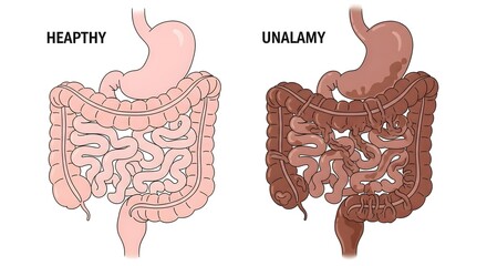 Comparison of Healthy and Unhealthy Digestive Systems Illustration.