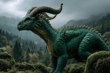 A creature with emerald scales and curved horns perches like forest royalty on mossy rocks.