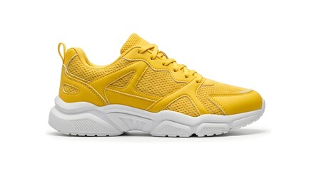 A single yellow fashion sneaker with a chunky sole. Concept of urban style, fitness and casual activewear footwear.