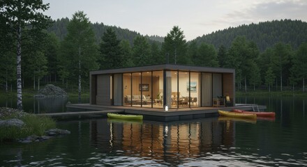 Obraz premium Relaxing retreat by the lake modern cabin design serene waters nature landscape tranquil viewpoint