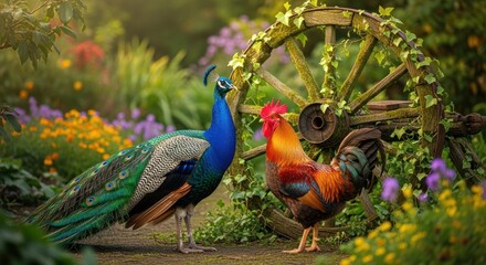 Obraz premium Peacock and rooster in a vibrant garden, beside a weathered wagon wheel