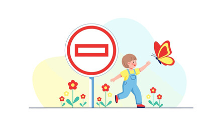 Obraz premium Carefree Exploration Little Girl Chasing Butterfly Near No Entry Sign Outdoors