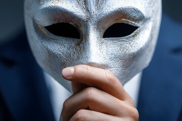 con artist closeup of confident businessman holding mask crisp focus for corporate risk visuals
